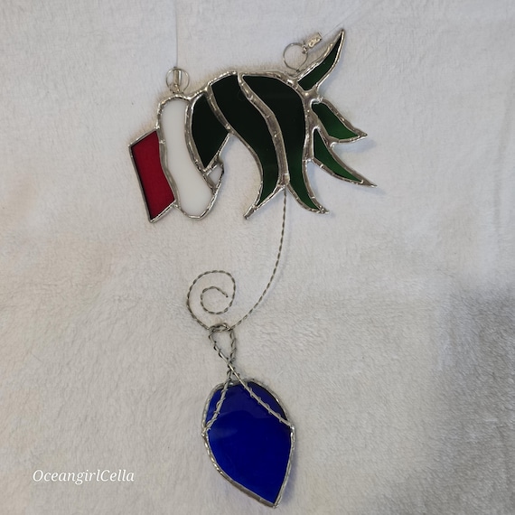 Classic Grinch Hand suncatcher with Christmas bulb ornament