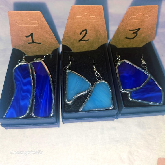 Blue Dangles Lead Free Real Stained Glass Earrings