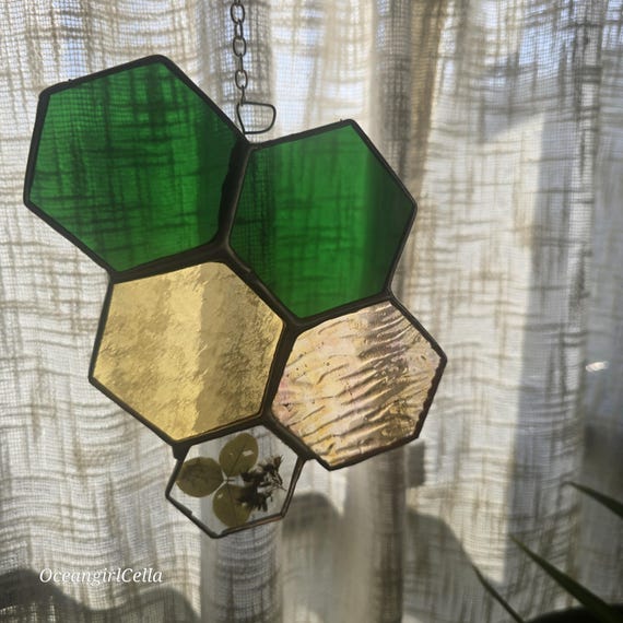 Handmade Stained Glass Honeycomb with real pressed flowers