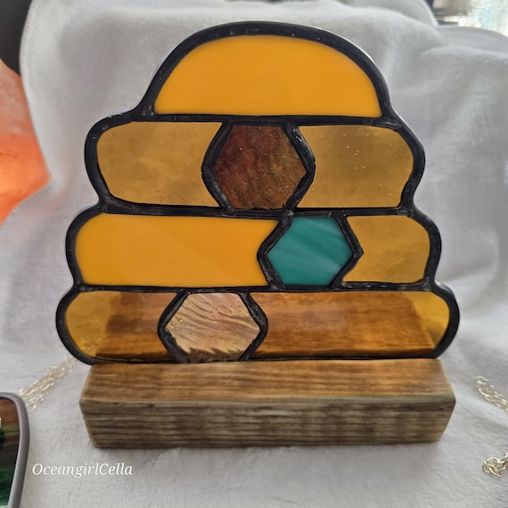 Handmade Stained-Glass Beehive on Wood Base