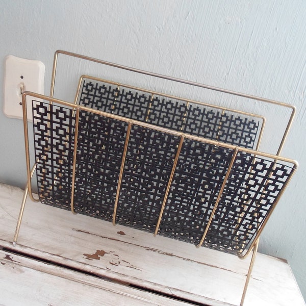 SALE 26.00   1950's Black & Gold Metal Mesh Eames Era Mid Century Modern Magazine Rack