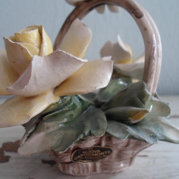 Italian Capodimonte Porcelain Yellow Rose in  Woven Basket 4" tall