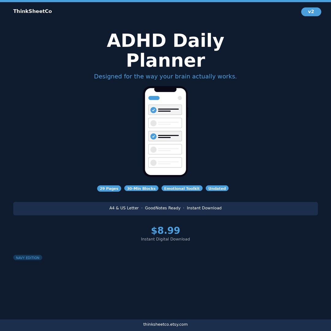Daily Focus Planner Printable, ADHD Navy Undated PDF, Time Blocking ...