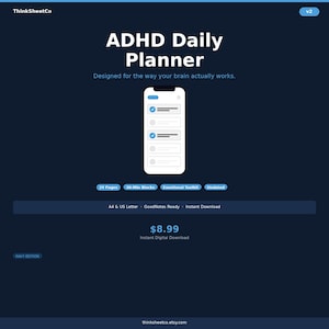 Może przedstawiać: Granatowy plik do pobrania cyfrowego zatytułowany "ADHD Daily Planner". Projekt zawiera grafikę smartfona wyświetlającą listę kontrolną, z tekstem wskazującym 29 stron, 30-minutowe bloki i zestaw narzędzi emocjonalnych. Planer jest przeznaczony dla formatów A4 i US Letter.
