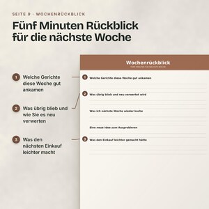 Nahaufnahme der Seite Wochenrückblick mit fünf Fragen und Schreiblinien.