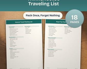Travel Packing List Printable, 8 Vacation Checklists PDF, Beach Camping Road Trip, Family Business Holiday (A4 + Letter)