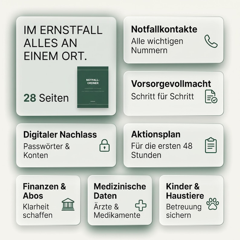 May include: A 28-page emergency organiser binder in a dark green cover with white text. The layout features sections for emergency contacts, power of attorney, digital assets, action plans, finances, medical data, and care for children and pets.