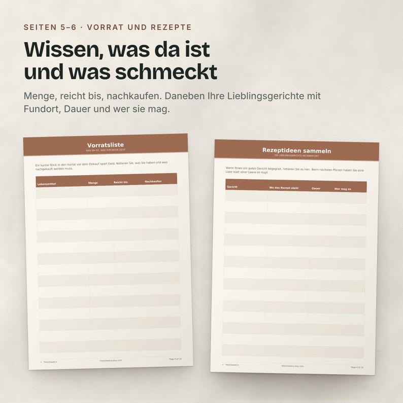 Zwei Seiten: Vorratsliste und Rezeptideen sammeln.