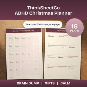 May include: A 16-page ThinkSheetCo ADHD Christmas Planner with a countdown sheet and a gift ideas sheet. The planner features a maroon and cream color scheme with text including "One calm Christmas, one page" and "Countdown, one small step at a time."