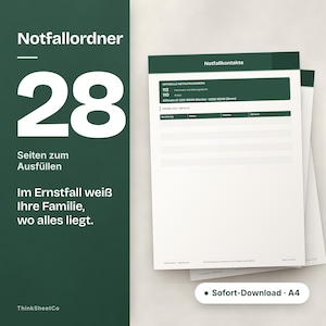 Notfallordner PDF zum Ausdrucken, 28 Seiten Familie, Notfallmappe Eltern Vorlage, Vorsorge Digitaler Nachlass (A4)
