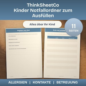 Kinder Notfallordner zum Ausfüllen, Notfallmappe für Babysitter und Großeltern, wichtige Angaben Kind, A4 PDF