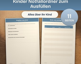 Kinder Notfallordner zum Ausfüllen, Notfallmappe für Babysitter und Großeltern, wichtige Angaben Kind, A4 PDF
