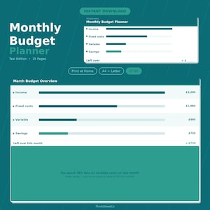 Budget Planner Printable Teal | Monthly Finance Tracker with Savings Goals