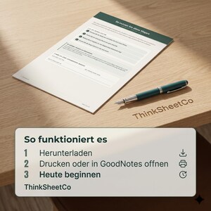 May include: A white document with dark green headers and text titled So nutzen Sie diese Mappe, accompanied by a dark green fountain pen. A separate rectangular graphic displays the text So funktioniert es, 1 Herunterladen, 2 Drucken oder in GoodNotes &ouml;ffnen, 3 Heute beginnen, and ThinkSheetCo.