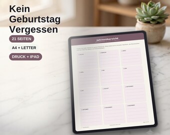 Geburtstagskalender zum Ausdrucken, Immerwährend Undatiert, Geschenkeplaner, Jahresübersicht, Familie Geburtstage PDF