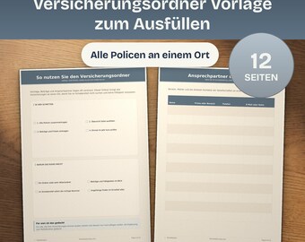 Versicherungsordner Vorlage zum Ausfüllen, alle Policen und Beiträge, Ordnerstruktur für Versicherungen, A4 PDF