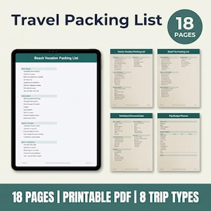 Könnte beinhalten: Eine digitale Reise-Packliste, die auf einem Tablet angezeigt wird, mit einer grün-weißen Oberfläche. Die Liste umfasst Kategorien wie Strandkleidung, Strandutensilien und Strandkleidung. Zusätzliche Seiten für Familienurlaube, Roadtrips, Toilettenartikel und Budgetplanung werden ebenfalls gezeigt.