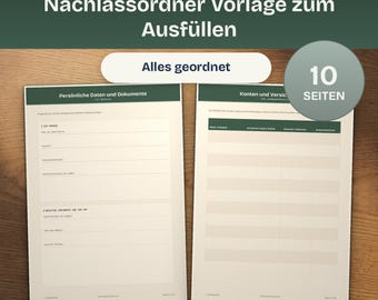 Nachlassordner Vorlage zum Ausfüllen, Vorsorgeplaner Lebensende, Vermögensübersicht Testament, druckbares PDF