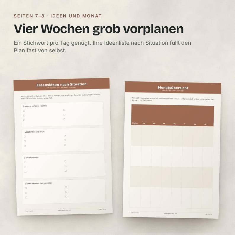Zwei Seiten: Essensideen nach Situation und Monatsübersicht für vier Wochen.