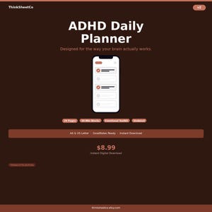 Może przedstawiać: Obraz cyfrowego produktu w kolorach terakoty, reklamujący "ADHD Daily Planner". Obraz przedstawia makietę telefonu z interfejsem planera. Szczegóły obejmują "29 stron", "30-min bloków" i "Zestaw narzędzi emocjonalnych". Dostępny w formatach A4 i US Letter.