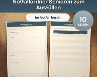 Notfallordner Senioren zum Ausfüllen, Großdruck Vorlage, wichtige Dokumente Medikamente Kontakte, A4 PDF