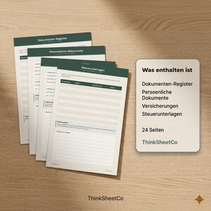 May include: A set of four document organizer sheets with dark green headers labeled Dokumenten-Register, Persoenliche Dokumente, and Steuerunterlagen. A separate card lists the contents as Dokumenten-Register, Persoenliche Dokumente, Versicherungen, Steuerunterlagen, and 24 Seiten, with the brand name ThinkSheetCo.