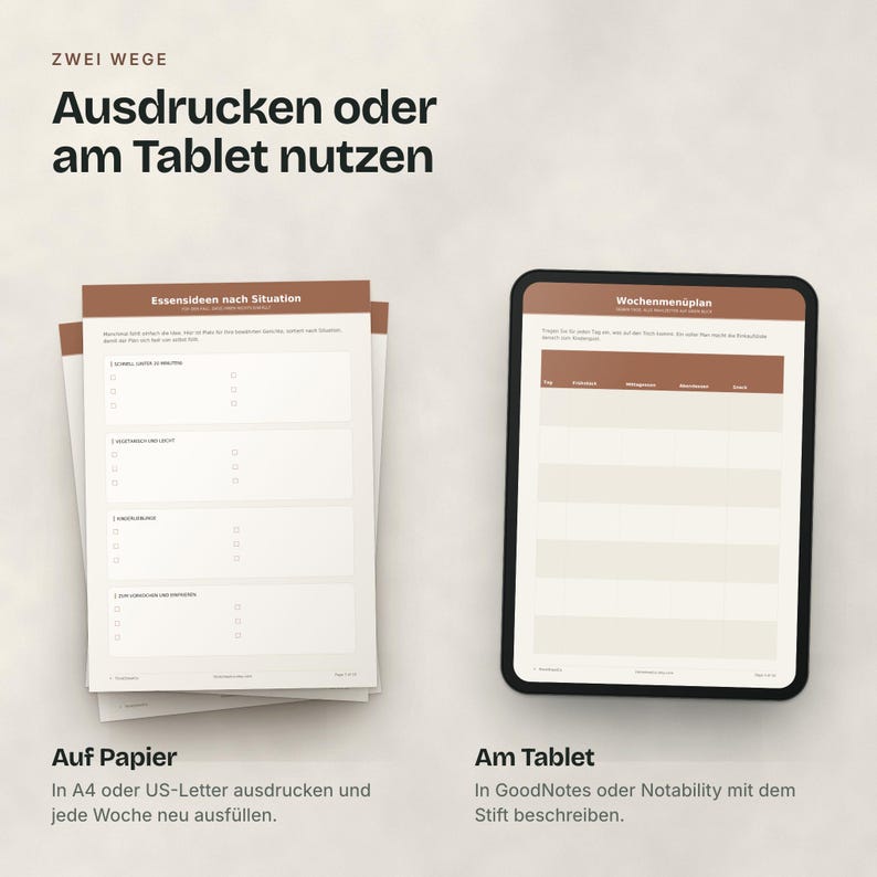 Der Menüplaner als ausgedruckter Stapel und auf einem Tablet.