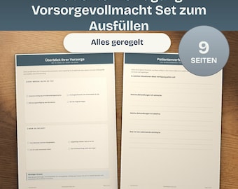 Patientenverfügung Vorsorgevollmacht Set zum Ausfüllen, Betreuungsverfügung Vorlage, Vorsorge Dokumente, A4 PDF
