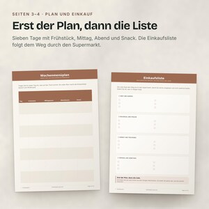 Zwei Seiten: Wochenmenüplan und Einkaufsliste nach Bereichen des Supermarkts.