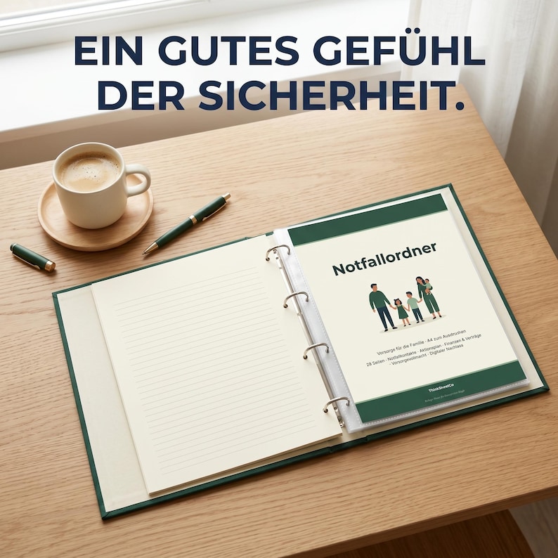 May include: An open dark green ring binder with lined paper and a title page labelled Notfallordner featuring a family illustration. A white coffee mug on a wooden saucer and two pens are nearby. The text above reads EIN GUTES GEF&Uuml;HL DER SICHERHEIT.