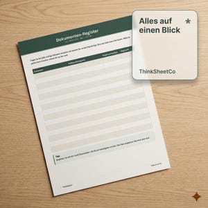 May include: A document register sheet with a dark green header and white grid rows for tracking document locations. The page includes the text Dokumenten-Register, a tip section, and a small square overlay card with the text Alles auf einen Blick and ThinkSheetCo.