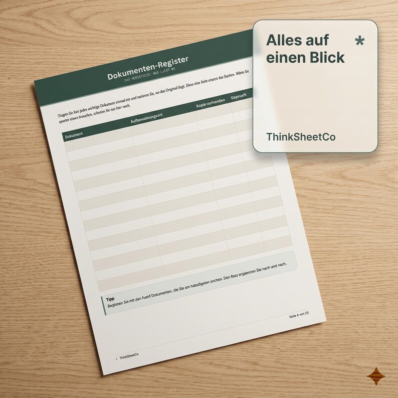 May include: A document register sheet with a dark green header and white grid rows for tracking document locations. The page includes the text Dokumenten-Register, a tip section, and a small square overlay card with the text Alles auf einen Blick and ThinkSheetCo.