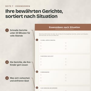 Nahaufnahme der Seite Essensideen nach Situation mit vier Feldern: schnell, vegetarisch und leicht, Kinderlieblinge, zum Vorkochen.