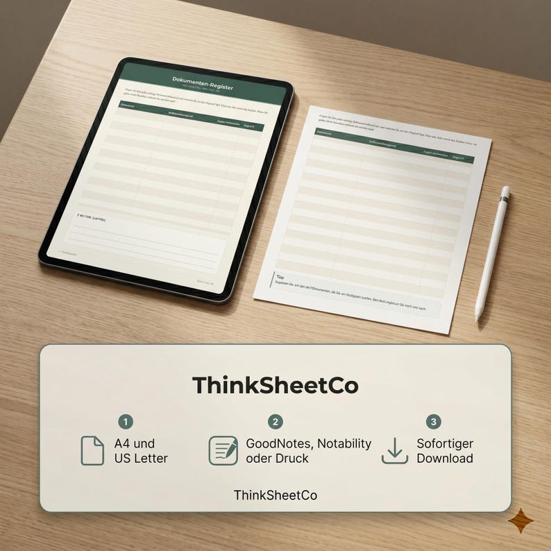 May include: A digital tablet displaying a document register template with a dark green header, alongside a printed version of the same document and a white stylus. The document features columns for entries and notes, with a clean, organized layout.