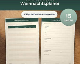 Weihnachtsplaner zum Ausdrucken, Geschenkeliste Budget Menü, Weihnachten Organizer Deutsch, Einkaufsliste Karten, Undatiert A4 PDF