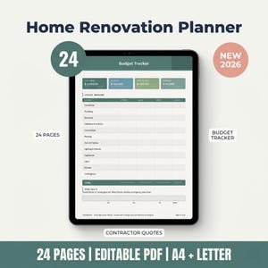 Op de afbeelding: Een digitale huisrenovatieplanner op een tablet. Het scherm toont een budgettracker met categorieën en financiële cijfers. De afbeelding bevat de tekst "Home Renovation Planner", "24 Pages" en "New 2026".