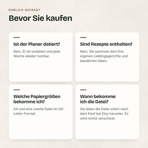 Vier Antworten: undatiert, keine fertigen Rezepte, A4 und US-Letter, Datei sofort nach dem Kauf.