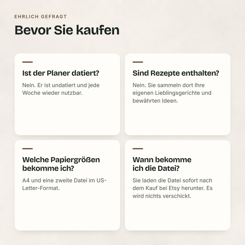 Vier Antworten: undatiert, keine fertigen Rezepte, A4 und US-Letter, Datei sofort nach dem Kauf.