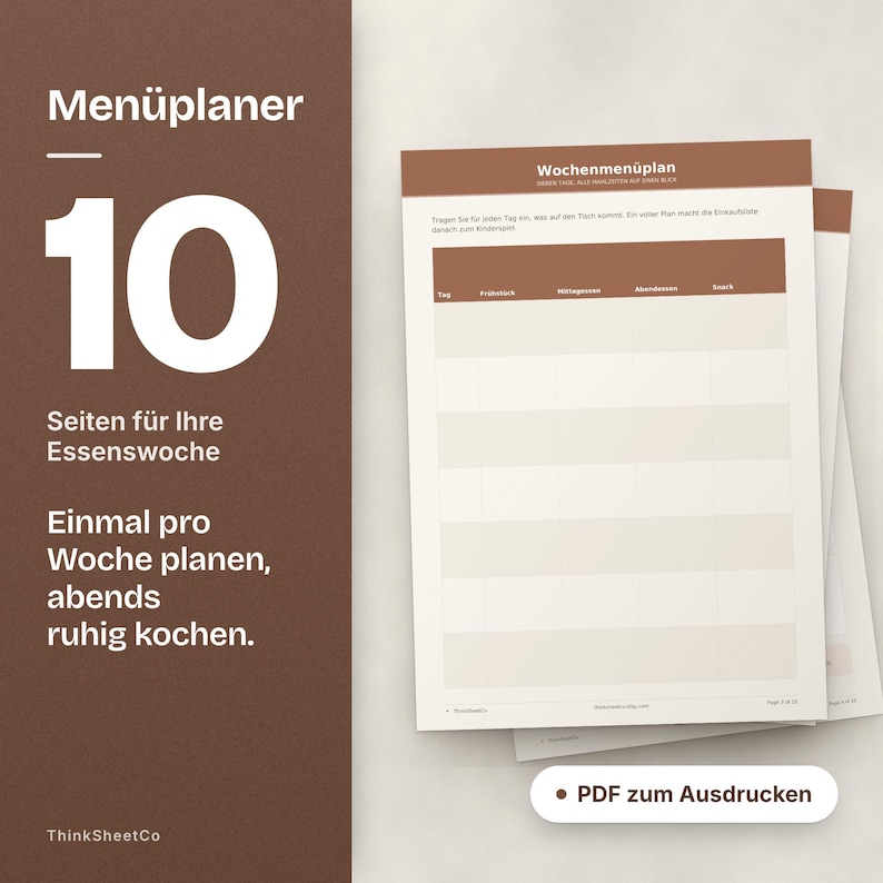 Menüplaner mit 10 Seiten: der Wochenmenüplan mit Frühstück, Mittag, Abend und Snack liegt oben auf Einkaufsliste und Essensideen.