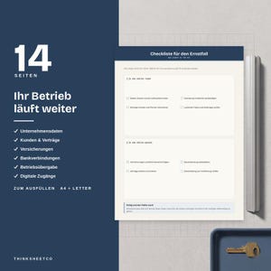May include: A 14-page business emergency checklist document in A4 and Letter size. The document features a dark blue sidebar with white text and a light cream-colored page with sections for tasks, checkboxes, and headings in German.