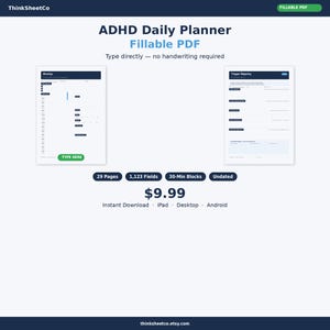 Może przedstawiać: ADHD Daily Planner Fillable PDF z białym tłem. Planer zawiera sekcje do codziennego planowania i mapowania wyzwalaczy. Wyświetlany jest tekst "Wpisz bezpośrednio - nie jest wymagane pismo ręczne". Natychmiastowe pobieranie.