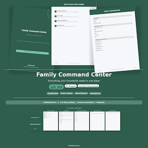 May include: A teal-colored digital planner titled "Family Command Center" with the text "Everything your household needs in one place." The planner includes sections for family information, chore charts, and meal planning. The price is $8.99 for 21 pages.