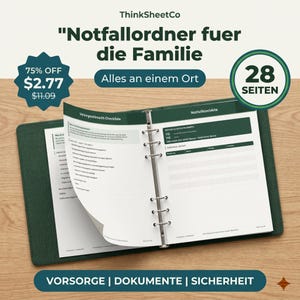 Notfallordner PDF zum Ausdrucken, 28 Seiten Familie, Notfallmappe Eltern Vorlage, Vorsorge Digitaler Nachlass (A4)