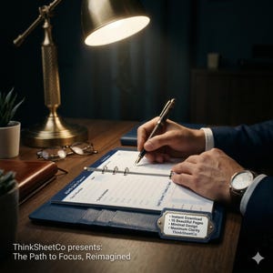 Pode incluir: Uma pessoa escreve num planeador diário azul para TDAH com uma caneta. O planeador está aberto numa secretária de madeira, com uma lâmpada de secretária de latão e óculos no fundo. O texto no planeador diz "ADHD Daily Planner". O texto na imagem diz "ThinkSheetCo presents: The Path to Focus, Reimagined".