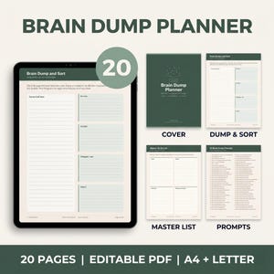 Pode incluir: Um Planejador de Brain Dump digital com 20 páginas, incluindo uma capa, dump & sort, lista mestre e prompts. O planejador é editável em formato PDF e está disponível nos tamanhos A4 e Carta. O título "Brain Dump Planner" é exibido no topo.