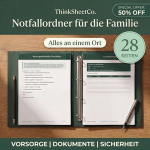 May include: A dark green three-ring binder open to show white pages with German text including Vorsorgevollmacht-Checkliste and Notfallkontakte. A pencil lies on the left and a pen on the right. Text overlays include ThinkSheetCo., 50% OFF, 28 SEITEN.