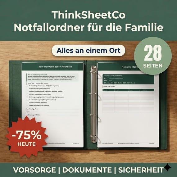 Notfallordner PDF zum Ausdrucken, 28 Seiten Familie, Notfallmappe Eltern Vorlage, Vorsorge Digitaler Nachlass (A4)