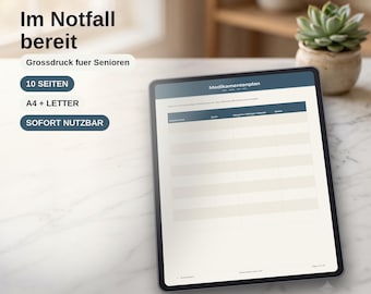 Notfallordner Senioren zum Ausfüllen, Großdruck Vorlage, wichtige Documento Medikamente Kontakte, A4 PDF