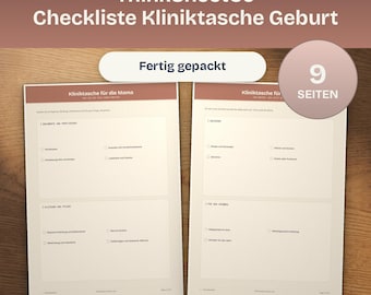 Checkliste Kliniktasche Geburt zum Ausdrucken, Geburtsplan Wochenbett Packliste, Schwangerschaft Vorbereitung, A4 A5