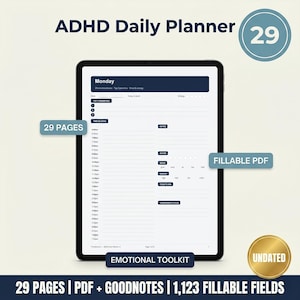 May include: A digital ADHD Daily Planner displayed on a tablet. The planner features a Monday layout with sections for priorities, time blocks, notes, and mood tracking. The image includes text that says "29 Pages", "Fillable PDF", "Emotional Toolkit", and "Undated".